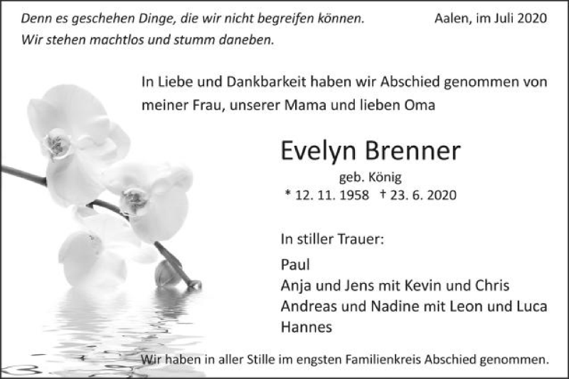  Traueranzeige für Evelyn Brenner vom 04.07.2020 aus Schwäbische Post