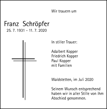 Traueranzeige von Franz Schröpfer von Gmünder Tagespost