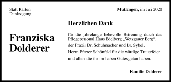 Traueranzeige von Franziska Dolderer von Gmünder Tagespost