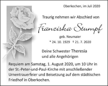 Traueranzeige von Franziska Stumpf von Schwäbische Post