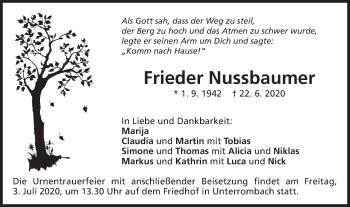 Traueranzeige von Frieder Nussbaumer von Schwäbische Post