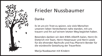 Traueranzeige von Frieder Nussbaumer von Schwäbische Post