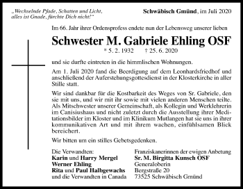 Traueranzeige von Gabriele Ehling von Gmünder Tagespost