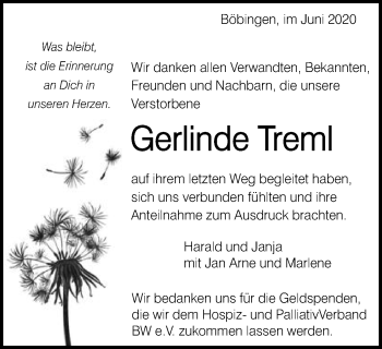 Traueranzeige von Gerlinde Treml von Gmünder Tagespost