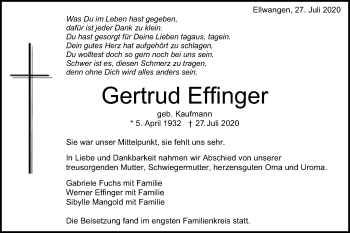 Traueranzeige von Gertrud Effinger von Schwäbische Post