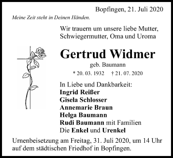 Traueranzeige von Gertrud Widmer von Schwäbische Post