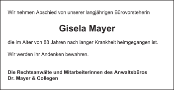Traueranzeige von Gisela Mayer von Schwäbische Post
