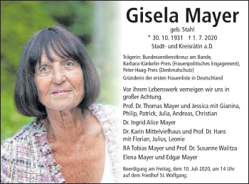 Traueranzeige von Gisela Mayer von Schwäbische Post