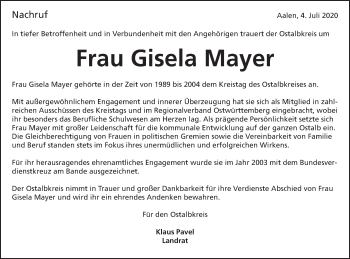 Traueranzeige von Gisela Mayer von Schwäbische Post