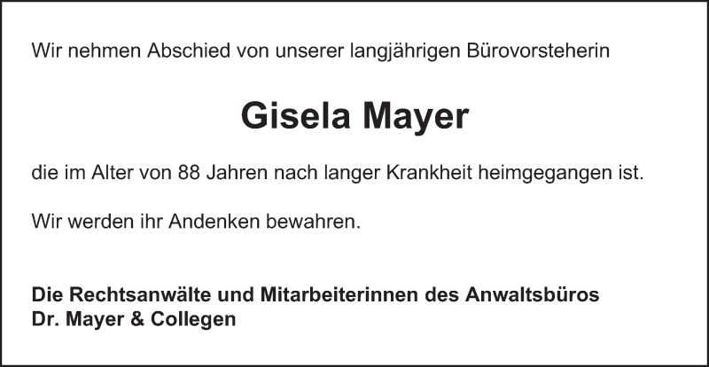  Traueranzeige für Gisela Mayer vom 04.07.2020 aus Schwäbische Post