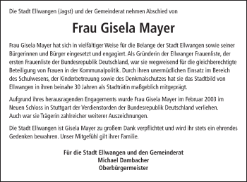 Traueranzeige von Gisela Mayer von Schwäbische Post
