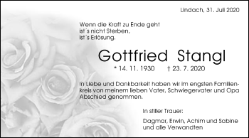 Traueranzeige von Gottfried Stangl von Gmünder Tagespost
