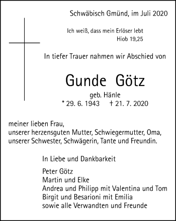 Traueranzeige von Gunde Götz von Gmünder Tagespost