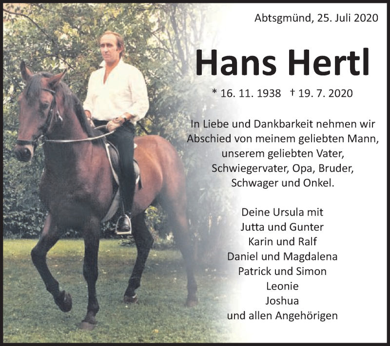  Traueranzeige für Hans Hertl vom 25.07.2020 aus Schwäbische Post