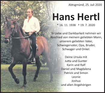 Traueranzeige von Hans Hertl von Schwäbische Post