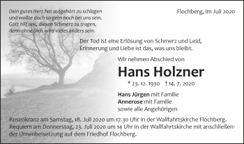 Traueranzeige von Hans Holzner von Schwäbische Post