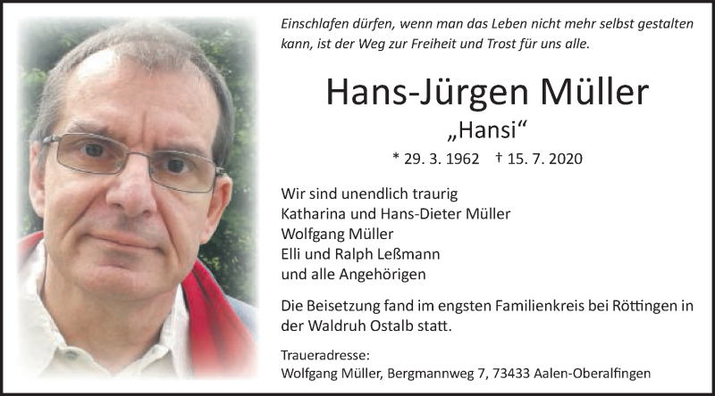  Traueranzeige für Hans-Jürgen Müller vom 23.07.2020 aus Schwäbische Post