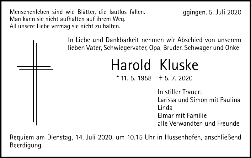  Traueranzeige für Harold Kluske vom 10.07.2020 aus Gmünder Tagespost