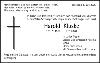 Traueranzeige von Harold Kluske von Gmünder Tagespost