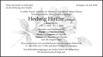 Traueranzeige von Hedwig Hirche von Schwäbische Post