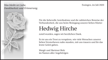 Traueranzeige von Hedwig Hirche von Schwäbische Post