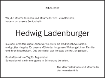 Traueranzeige von Hedwig Ladenburger von Schwäbische Post