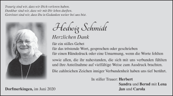 Traueranzeige von Hedwig Schmidt von Schwäbische Post