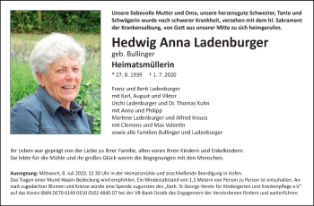 Traueranzeige von Hedwig Anna Ladenburger von Schwäbische Post