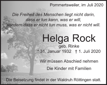 Traueranzeige von Helga Rock