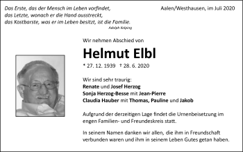 Traueranzeige von Helmut Elbl von Schwäbische Post