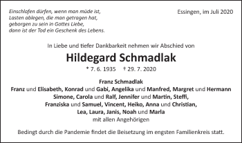 Traueranzeige von Hildegard Schmadlak von Schwäbische Post