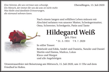 Traueranzeige von Hildegard Weiß von Schwäbische Post