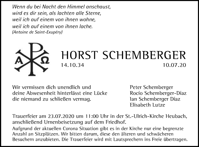  Traueranzeige für Horst Schemberger vom 21.07.2020 aus Gmünder Tagespost