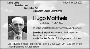 Traueranzeige von Hugo Mattheis von Gmünder Tagespost
