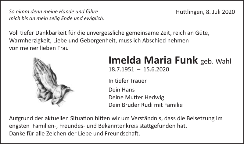  Traueranzeige für Imelda Maria Funk vom 08.07.2020 aus Schwäbische Post