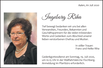 Traueranzeige von Ingeborg Riha von Schwäbische Post