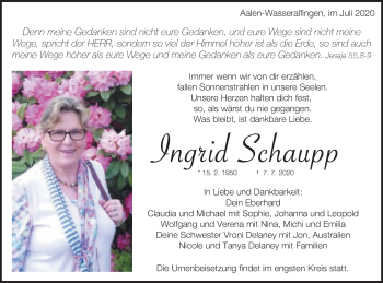 Traueranzeige von Ingrid Schaupp von Schwäbische Post