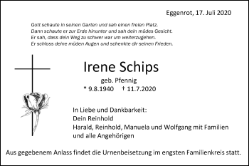 Traueranzeige von Irene Schips von Schwäbische Post
