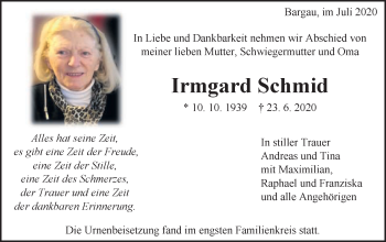 Traueranzeige von Irmgard Schmid von Gmünder Tagespost