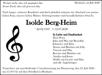 Traueranzeige von Isolde Berg-Heim von Gmünder Tagespost