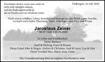 Traueranzeige von Jaroslaus Zeiner von Schwäbische Post