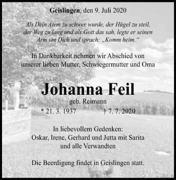 Traueranzeige von Johanna Feil von Schwäbische Post