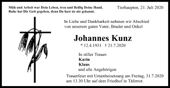 Traueranzeige von Johannes Kunz von Gmünder Tagespost