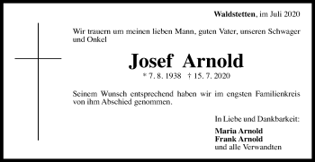 Traueranzeige von Josef Arnold von Gmünder Tagespost