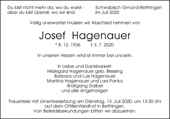 Traueranzeige von Josef Hagenauer von Gmünder Tagespost