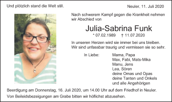 Traueranzeige von Julia-Sabrina Funk von Schwäbische Post