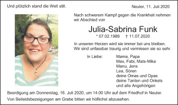 Traueranzeige von Julia-Sabrina Funk