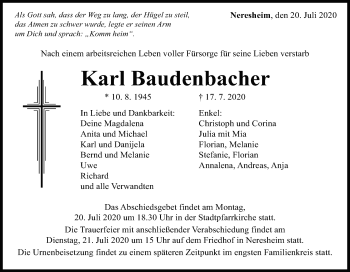 Traueranzeige von Karl Baudenbacher von Schwäbische Post