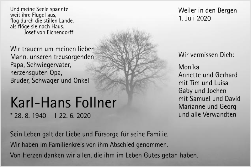  Traueranzeige für Karl-Hans Follner vom 01.07.2020 aus Gmünder Tagespost