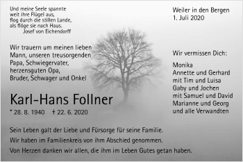 Traueranzeige von Karl-Hans Follner von Gmünder Tagespost